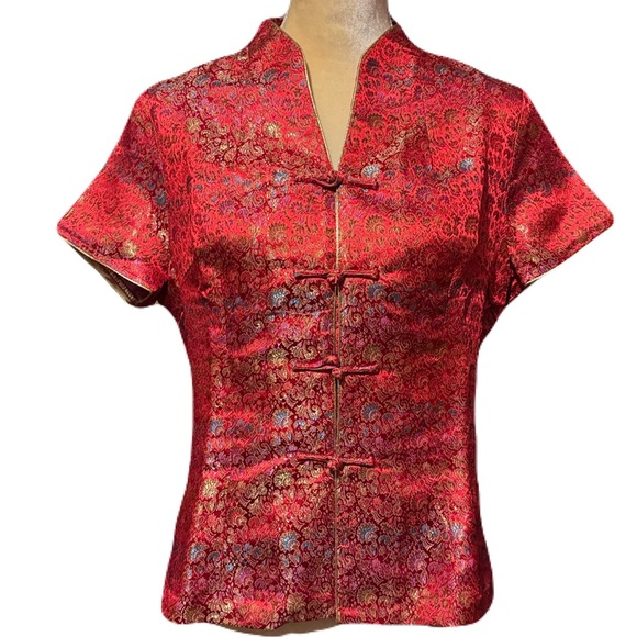 Traditional Womens Chinese Asian Summer Blouse Shirt Red Floral Frog Closure - Picture 8 of 9